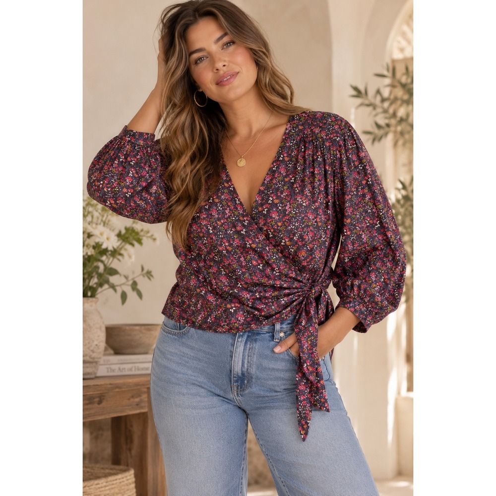 Lucky Brand Floral Surplice Wrap Top L Purple Boho Cottage Modal Romantic Blouse